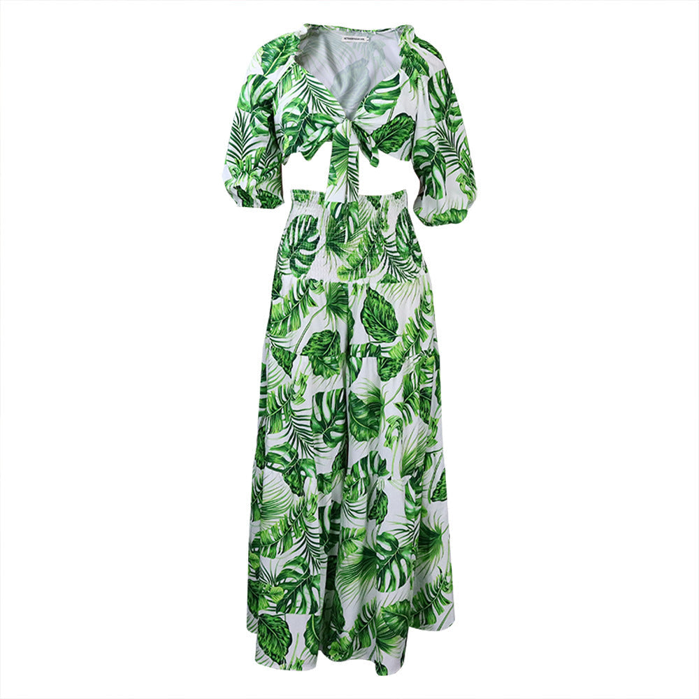 Casual Leaf Print Two Pieces Women Suits-Suits-Green-S-Free Shipping Leatheretro