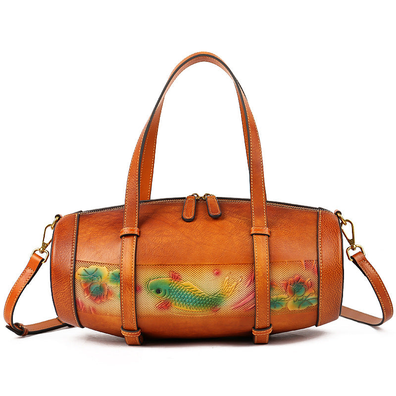 Women Vintage Fish Embossing Leather Bucket Bags 3227-Leather Women Bags-Red-Free Shipping Leatheretro