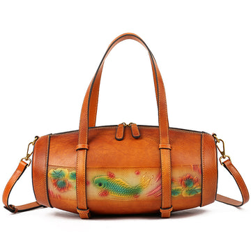 Women Vintage Fish Embossing Leather Bucket Bags 3227-Leather Women Bags-Red-Free Shipping Leatheretro