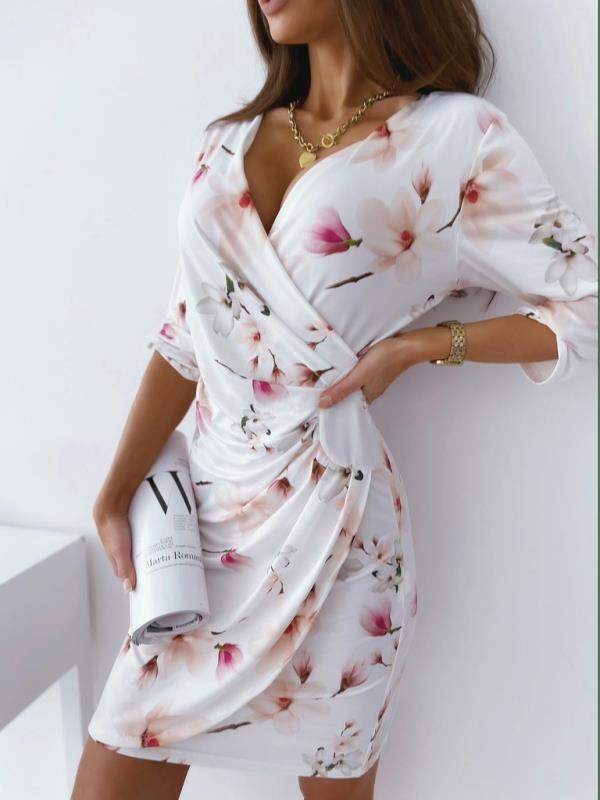 Sexy Floral Print V Neck Women Short Dresses-Dresses-White-S-Free Shipping Leatheretro