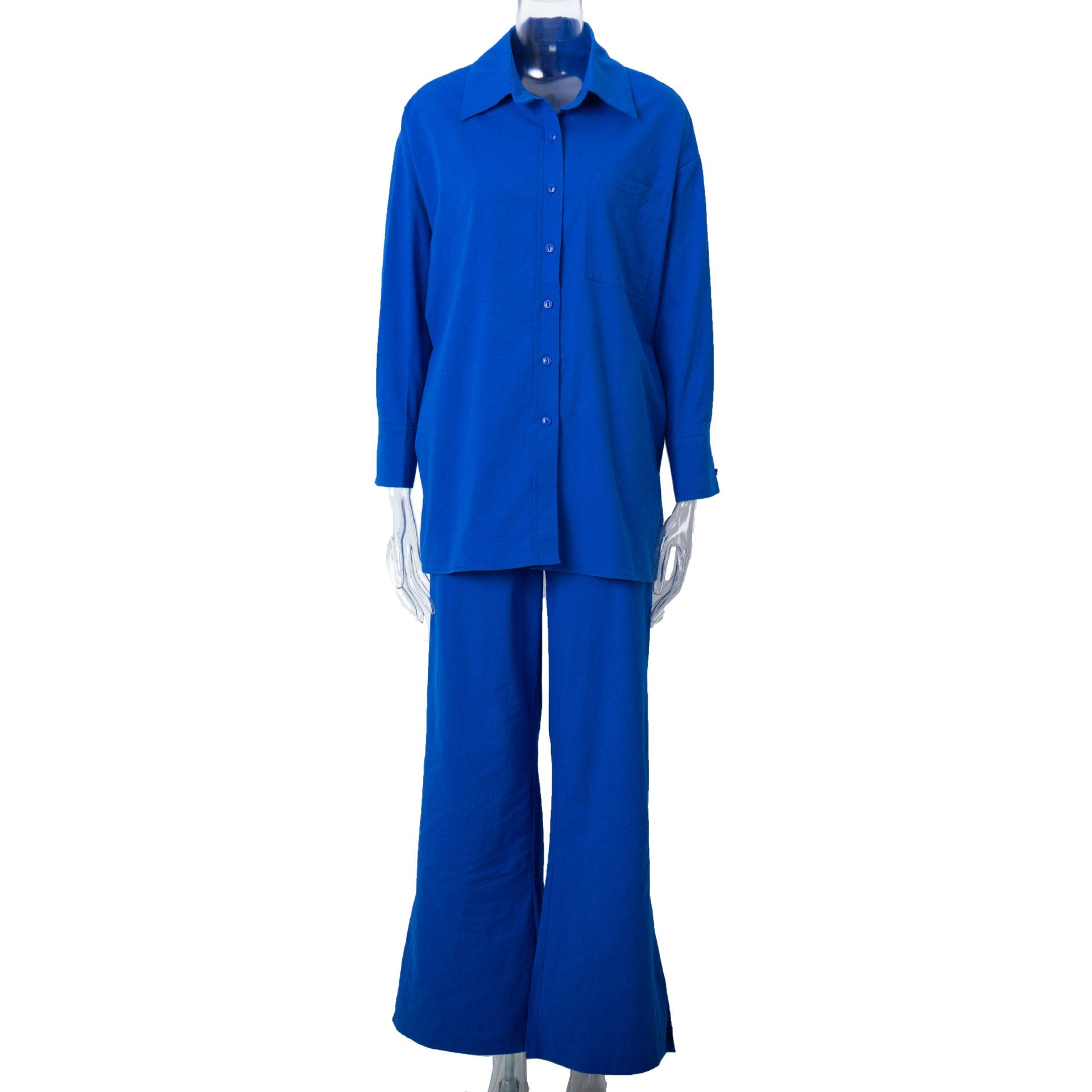 Casual Long Sleeves Shirts and Wide Legs Pants Suits-Suits-Navy Blue-S-Free Shipping Leatheretro