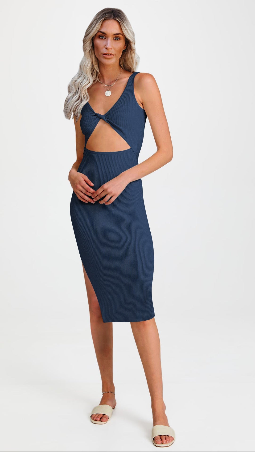 Sexy Sleeveless Sheath Knitted Dresses-Dresses-Navy Blue-S-Free Shipping Leatheretro