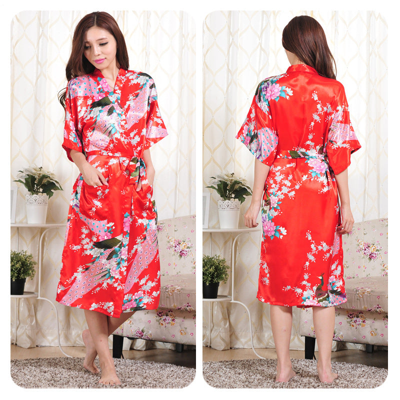 Women Peacock Design Satin Women Night Romber Gowns-Sleepwear & Loungewear-Red-M-Free Shipping Leatheretro