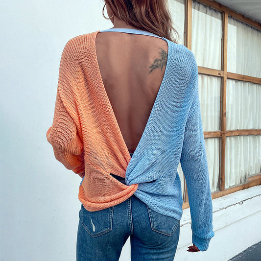 Sexy Summer Backless Design Knitting Sweaters-Shirts & Tops-Blue-S-Free Shipping Leatheretro