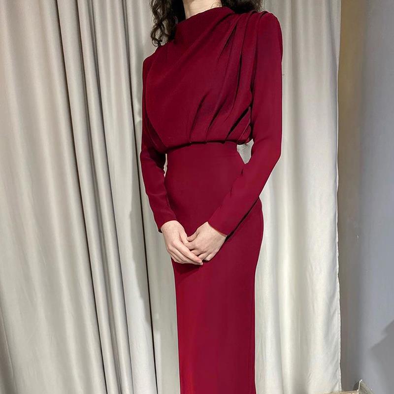 Elegant Round Neck High Neck Long Dresses-Dresses-Brick Red-S-Free Shipping Leatheretro