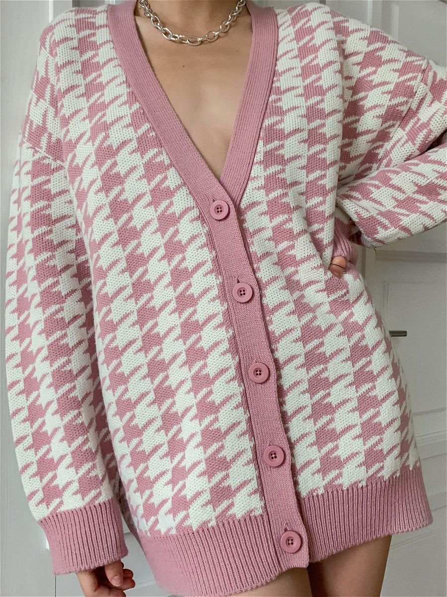 Women V Neck Knitting Plaid Long Sleeves Cardigan Overcoat-Women Sweaters-Pink-S-Free Shipping Leatheretro