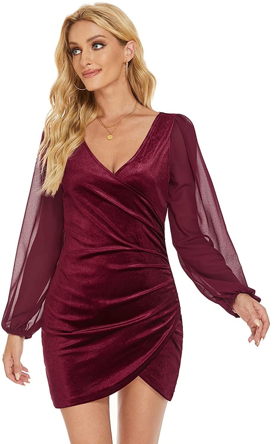 Sexy V Neck Long Sleeves Party Dresses-Dresses-Wine Red-S-Free Shipping Leatheretro