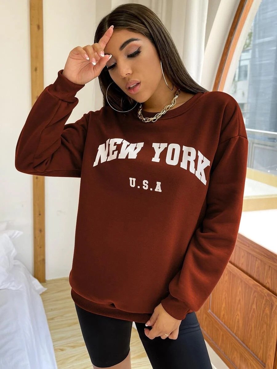 Leisure Women Letter Print Fall Hoodies-Shirts & Tops-Brick Red-S-Free Shipping Leatheretro