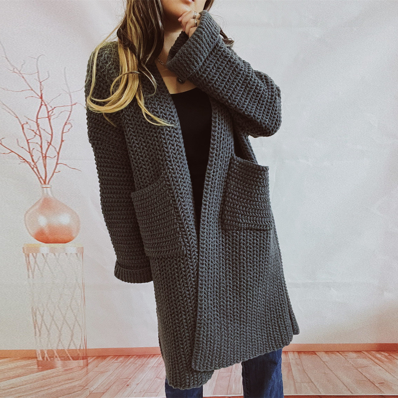 Casual Long Knitted Coats with Large Pockets-Outerwear-灰色-S-Free Shipping Leatheretro