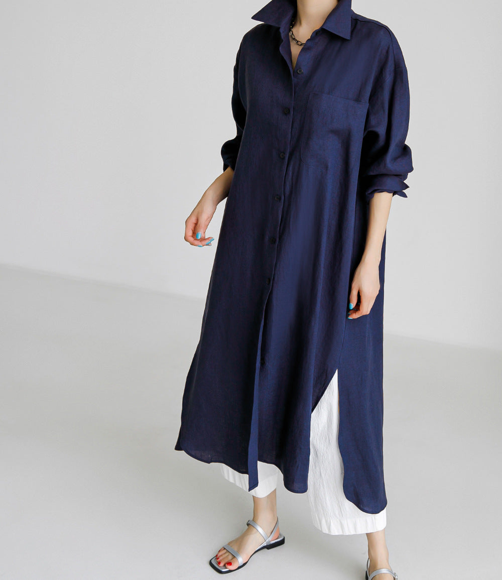 Casual Cotton Plus Sizes Long Sleeves Shirts Dresses-Dresses-Navy Blue-S-Free Shipping Leatheretro