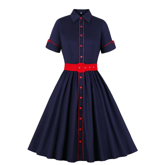 Vintage Short Sleeves Shirt Dresses-Vintage Dresses-Dark Blue-S-Free Shipping Leatheretro