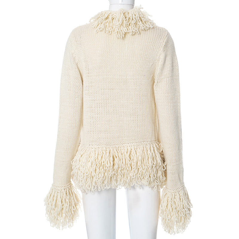 Fashion Long Sleeves Tassels Knitted Sweaters-Outerwear-Apricot-S-Free Shipping Leatheretro