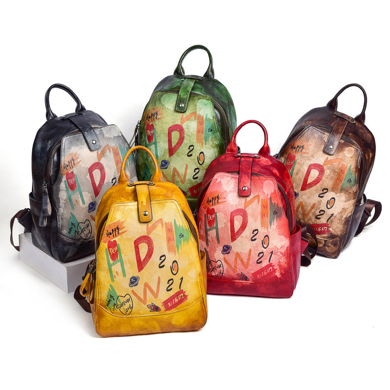 Vintage Graffiti Leather Backback for Women C313-Leatehr Backpack-Yellow-Free Shipping Leatheretro