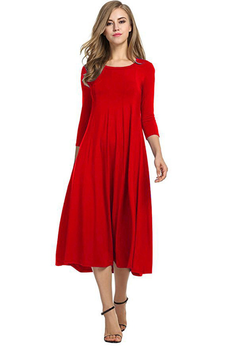 Casual Simple Design Round Neck Midi Dresses-Dresses-Red-S-Free Shipping Leatheretro
