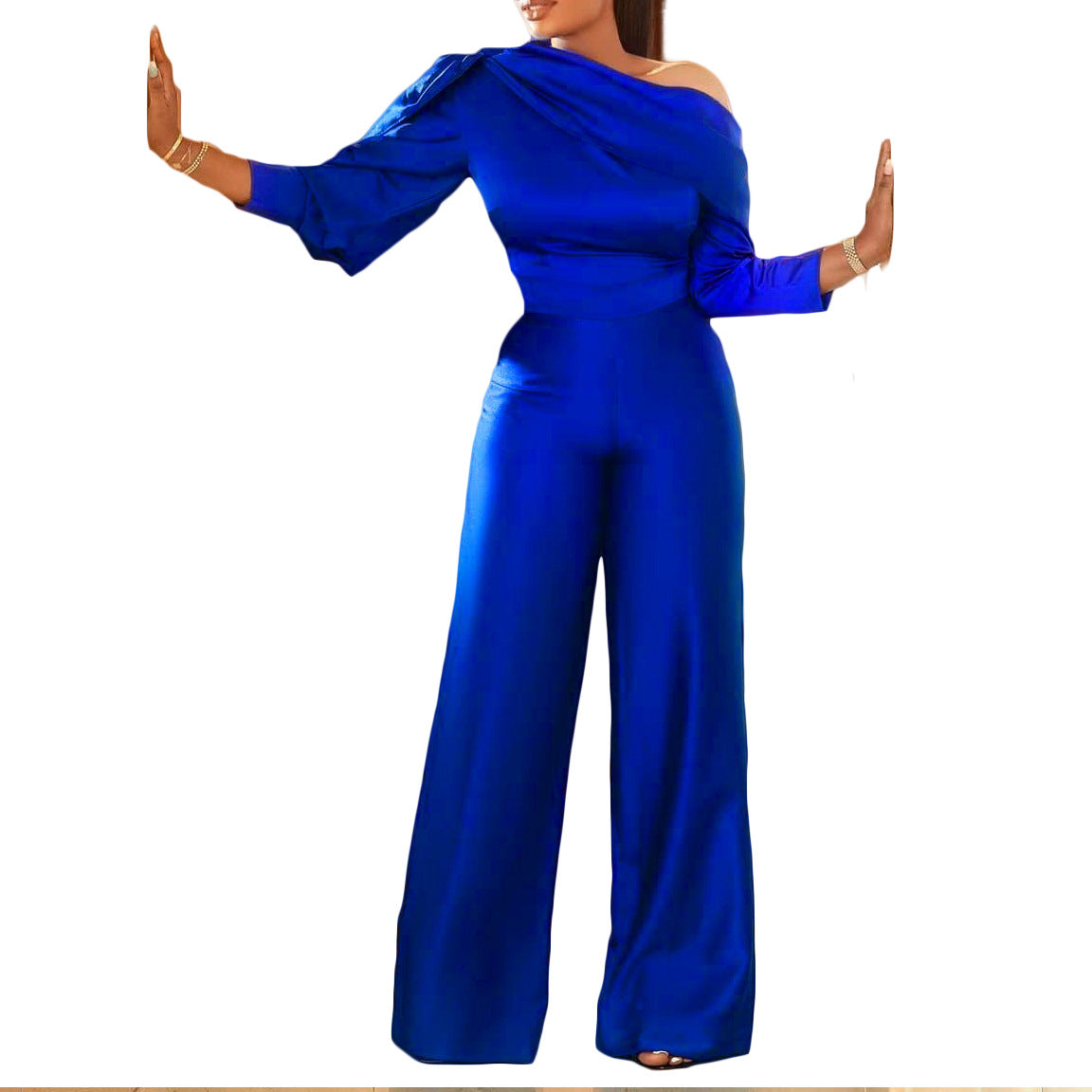 Sexy One Shoulder Long Sleeves Plus Sizes Jumpsuits-Suits-Blue-S-Free Shipping Leatheretro