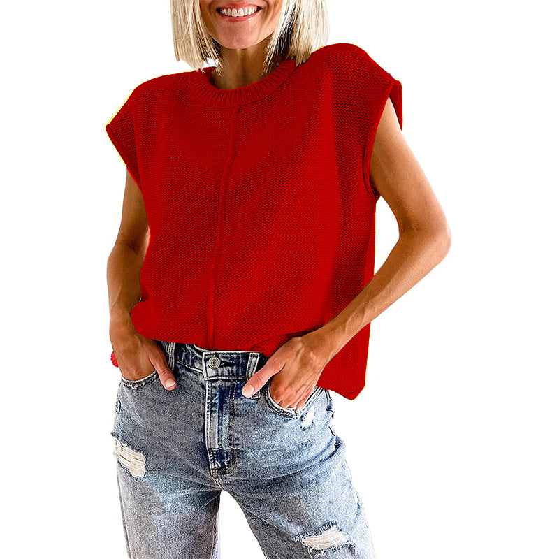 Casual Sleeveless Round Neck Knitted Vest-Shirts & Tops-Red-S-Free Shipping Leatheretro