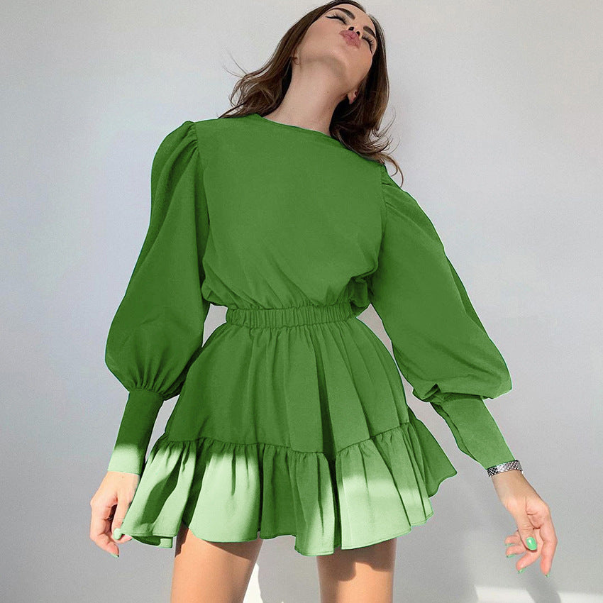 Vintage Long Sleeves Elastic Waist Short Dresses-Dresses-Green-S-Free Shipping Leatheretro