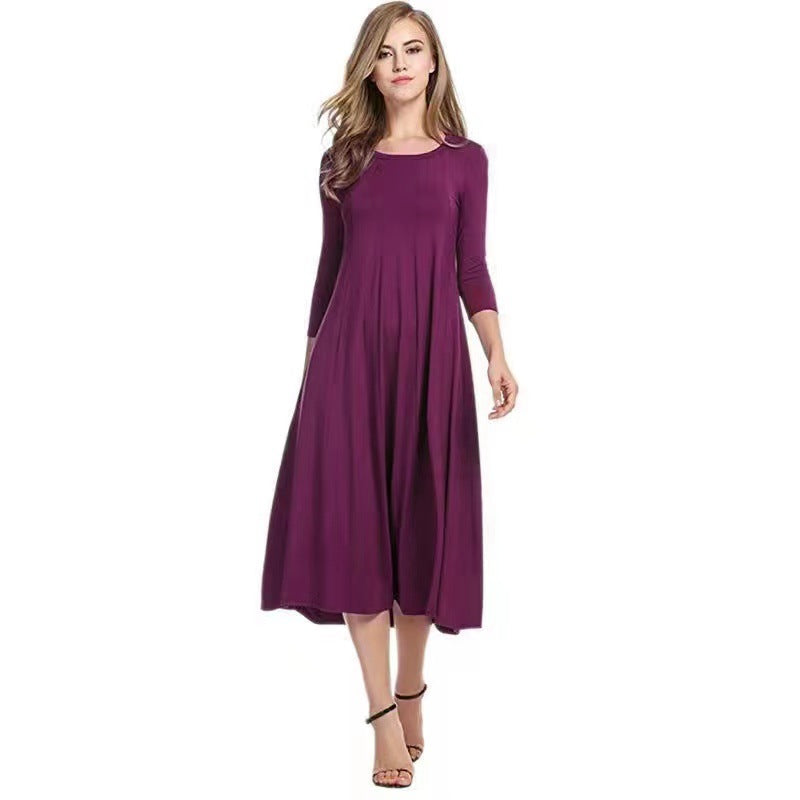 Casual Simple Design Round Neck Midi Dresses-Dresses-Purple Red-S-Free Shipping Leatheretro