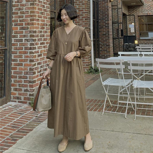 Casual Vintage Women Lantern Sleeves Fall Long Dress-Cozy Dresses-Brown-S-Free Shipping Leatheretro