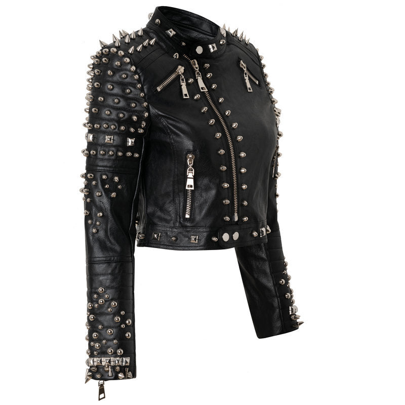 Black Punk Style Rived Short PU Jacket for Women-Coats & Jackets-Black-S-Free Shipping Leatheretro