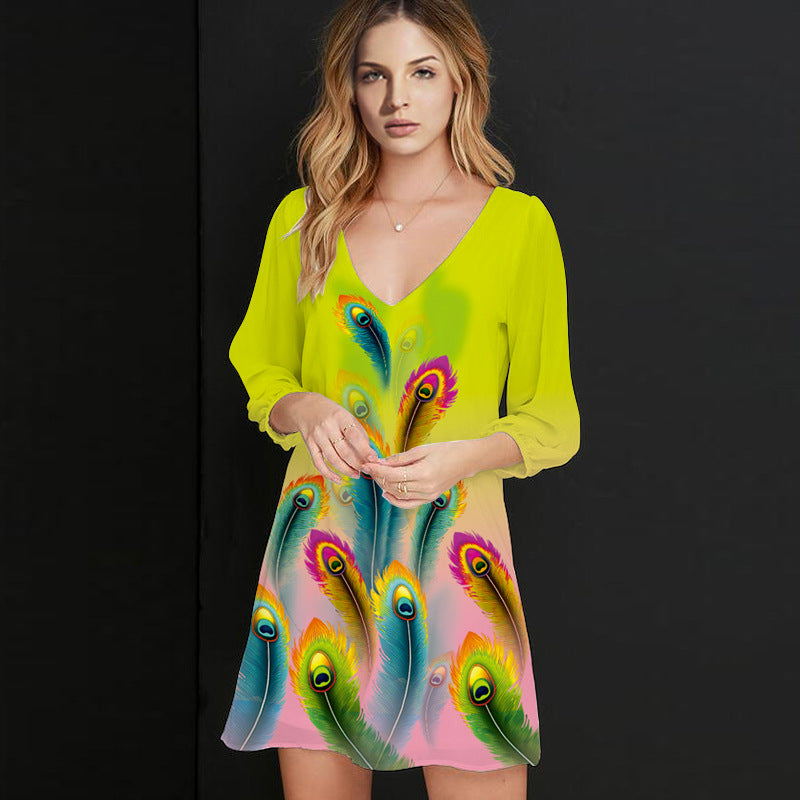 Casual Feather Floral Print Women Short Dresses-Dresses-Yellow-S-Free Shipping Leatheretro