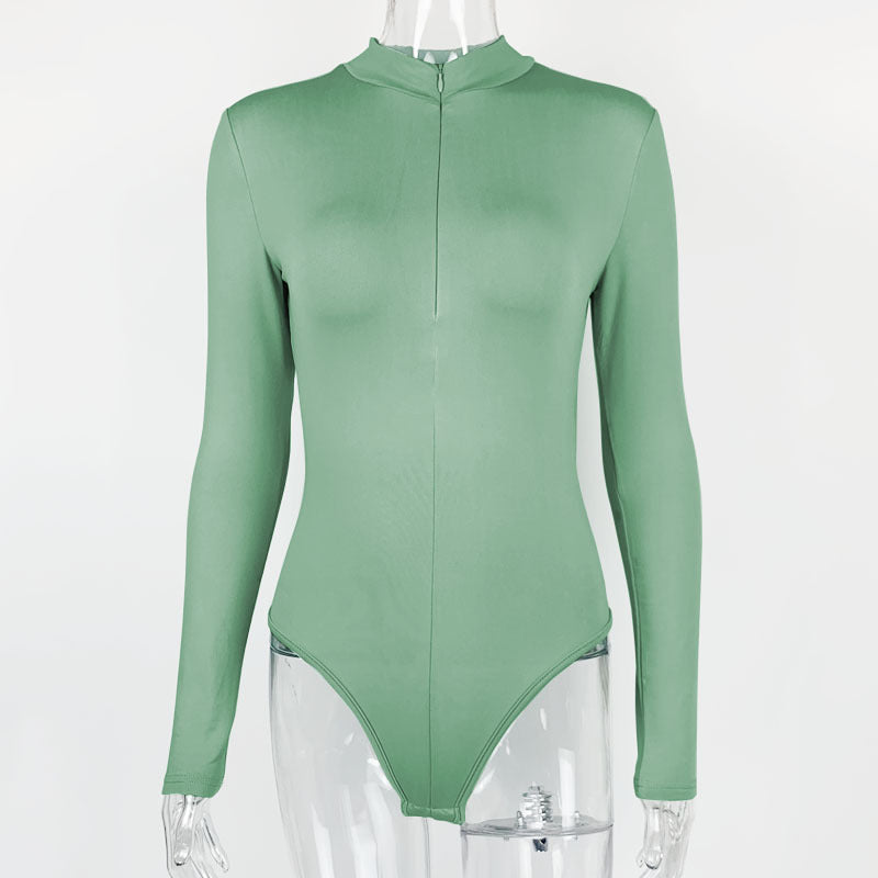 Sexy Fashion Long Sleeves Zipper Tight Jumpsuits Shirts-Shirts & Tops-Green-S-Free Shipping Leatheretro