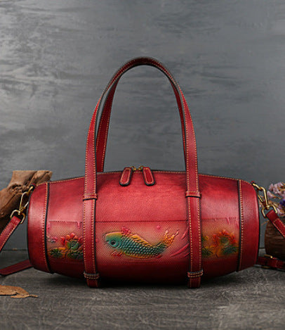 Women Vintage Fish Embossing Leather Bucket Bags 3227-Leather Women Bags-Red-Free Shipping Leatheretro
