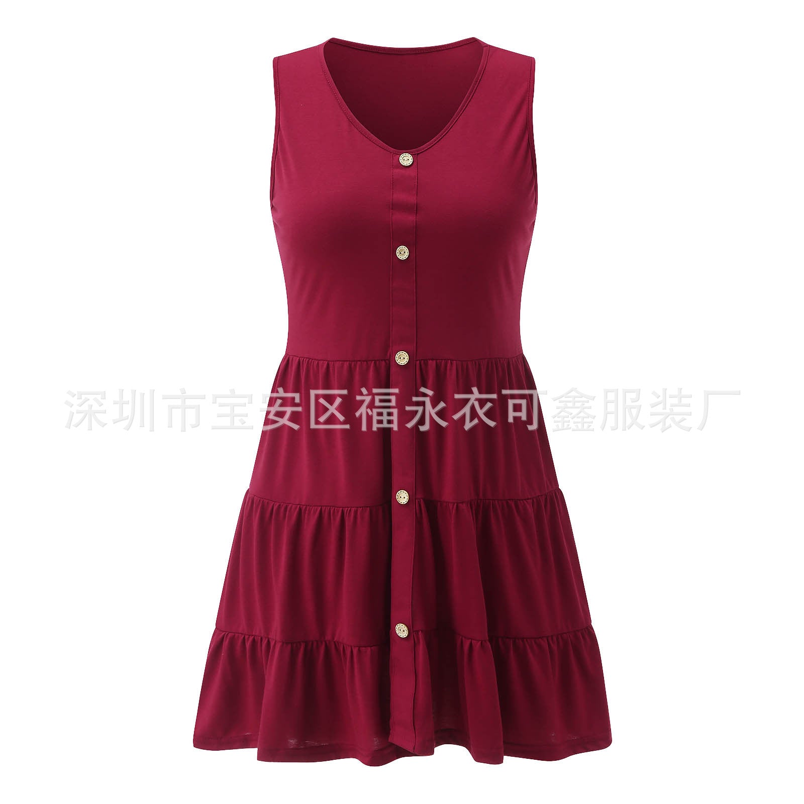 Summer Button Sleeves Daily Dresses-Dresses-Wine Red-S-Free Shipping Leatheretro