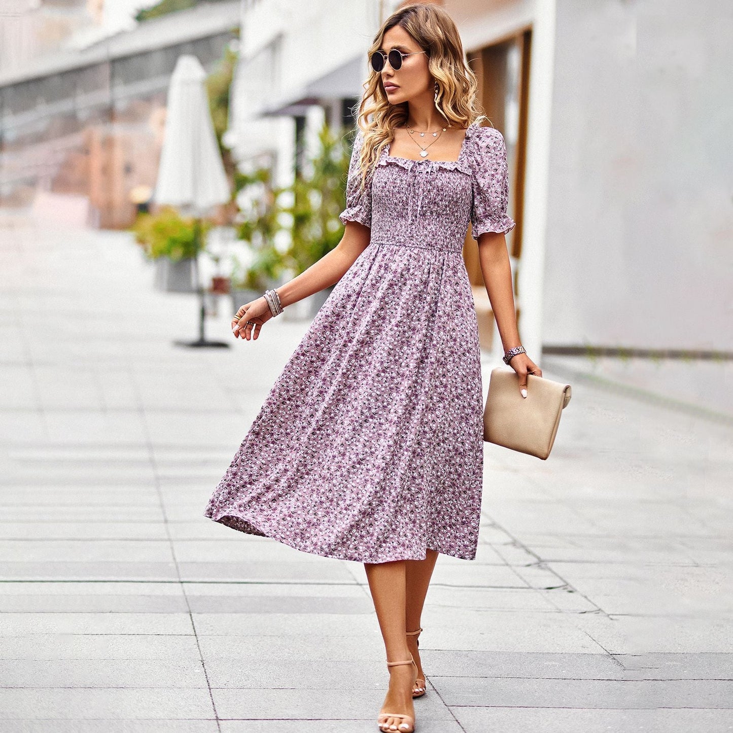 Elegant Square Neckline Summer Midi Dresses-Dresses-Purple-S-Free Shipping Leatheretro