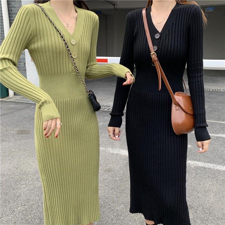 Sexy V Neck Knitted Bodycon Long Dresses-Dresses-Green-One Size-Free Shipping Leatheretro