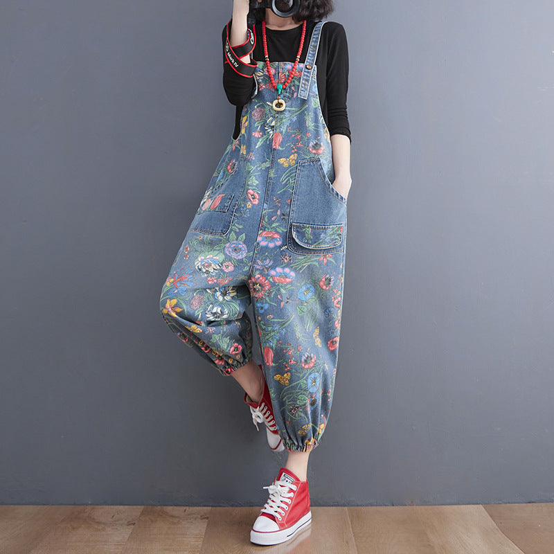 Casual Floral Print Women Denim Suspender Pants-Pants-The same as picture-L-Free Shipping Leatheretro