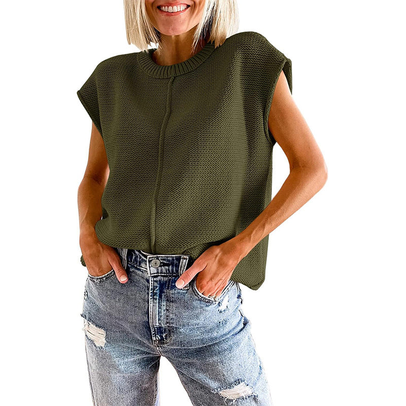 Casual Sleeveless Round Neck Knitted Vest-Shirts & Tops-Army Green-S-Free Shipping Leatheretro