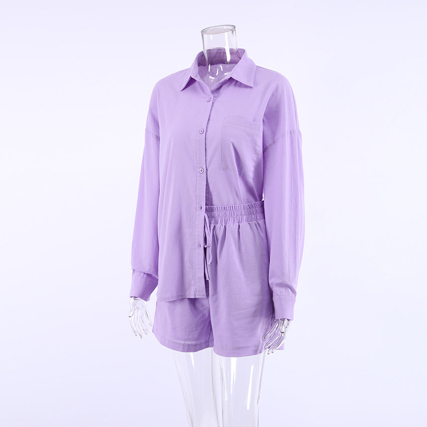 Casual Two Pieces Shirts and Shorts Summer Women Suits-Suits-Purple-S-Free Shipping Leatheretro