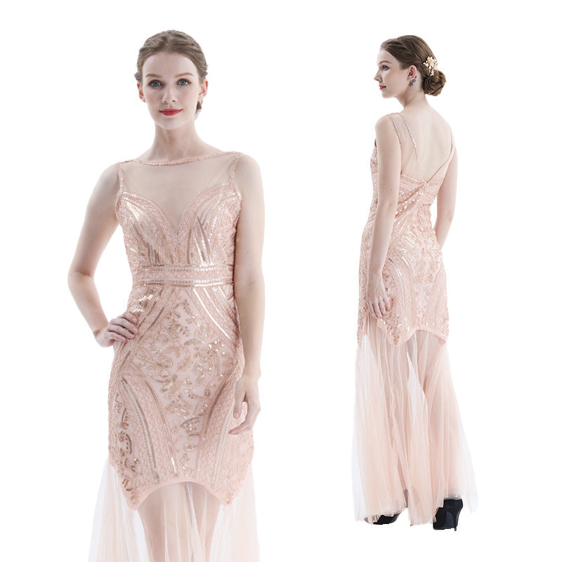 1920s Vintage Sequined Tulle Evening Party Long Dresses-Dresses-Pink-S-Free Shipping Leatheretro