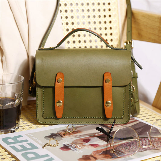 Cowhide Vege Tanned Leather Messager Handbag for Women 8025-Handbags-Green-Free Shipping Leatheretro