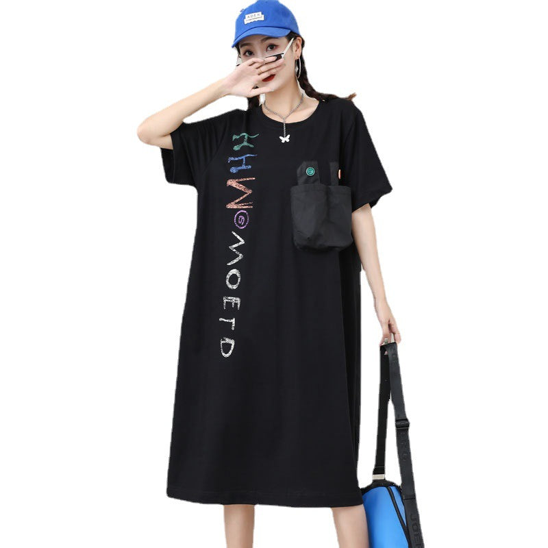 Letter Designed Summer Short Sleeves Plus Sizes Midi Dresses-Dresses-Black-One Size-Free Shipping Leatheretro