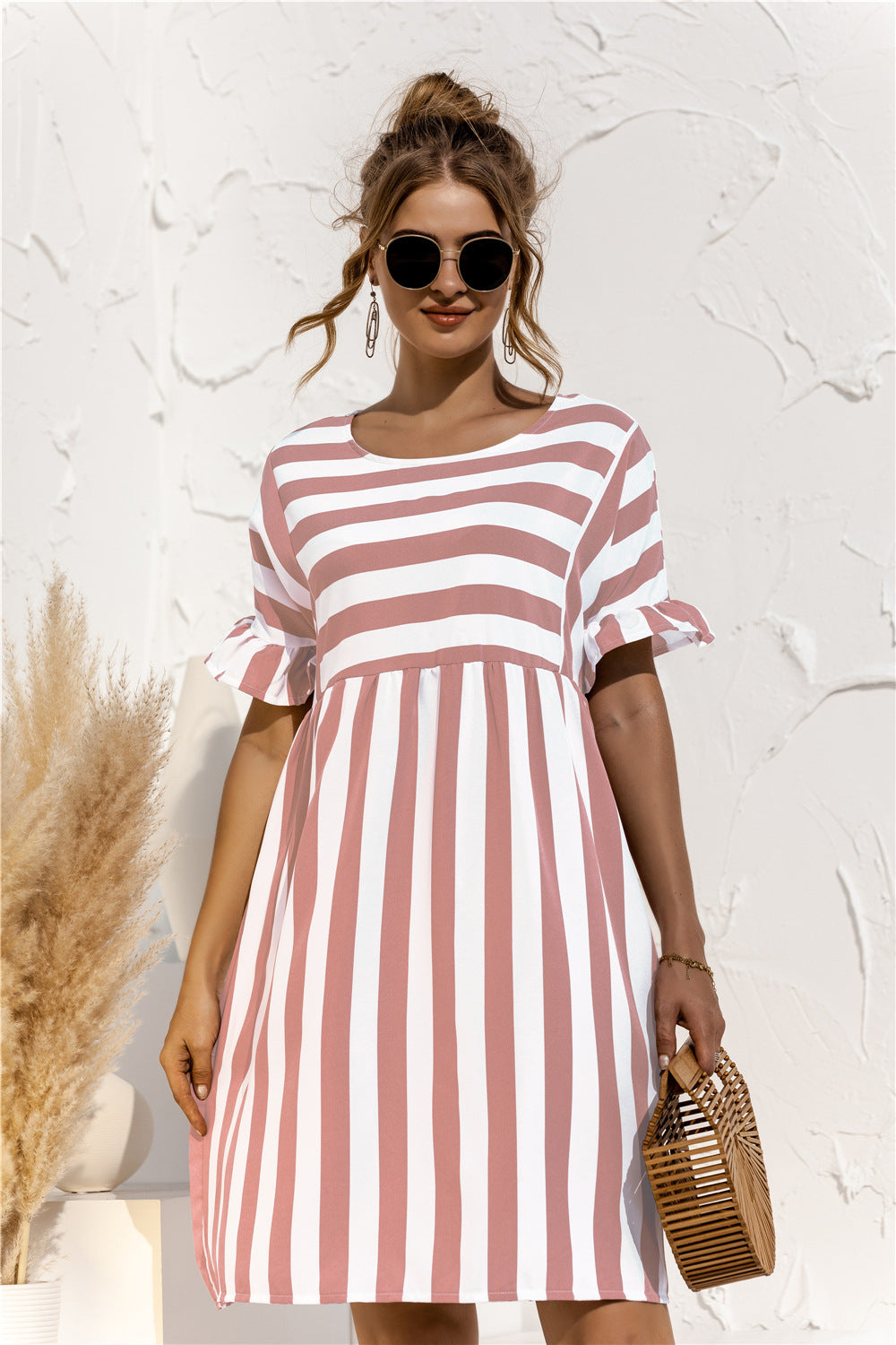 Casual Striped Short Sleeves Summer Daily Dresses-Dresses-Pink-S-Free Shipping Leatheretro