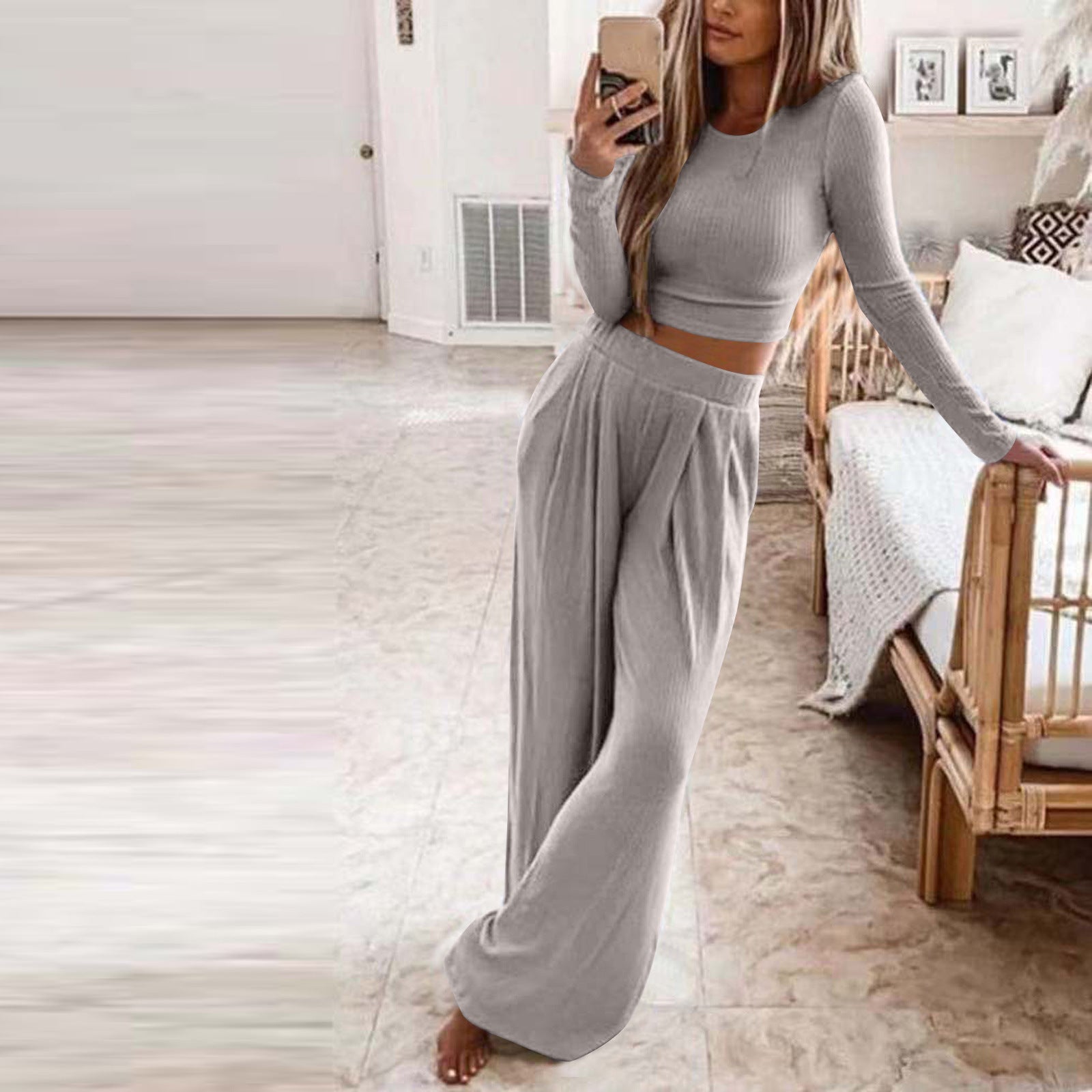 Casual Women Knitting Short Tops and Pants Sets-Suits-Gray-S-Free Shipping Leatheretro