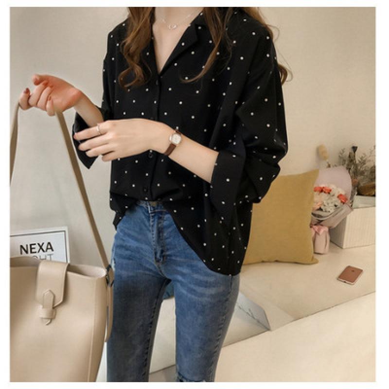 Women Dot Print Chiffon Long Sleeves Shirts-Shirts & Tops-Black-L-Free Shipping Leatheretro