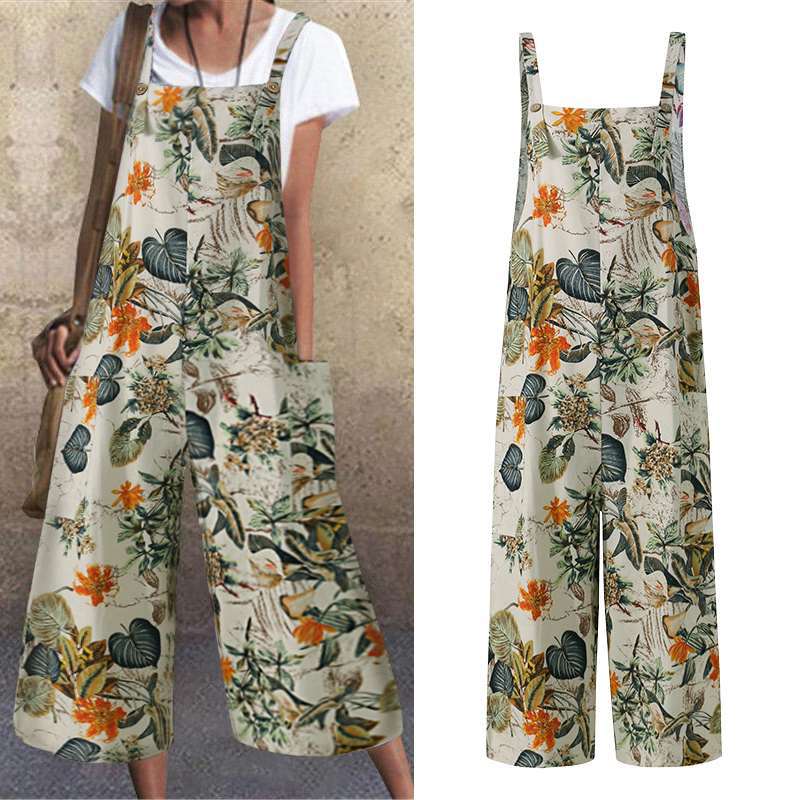 Leisure Summer Linen Plus Sizes Jumpsuits-Jumpsuits-Yellow Flower-S-Free Shipping Leatheretro