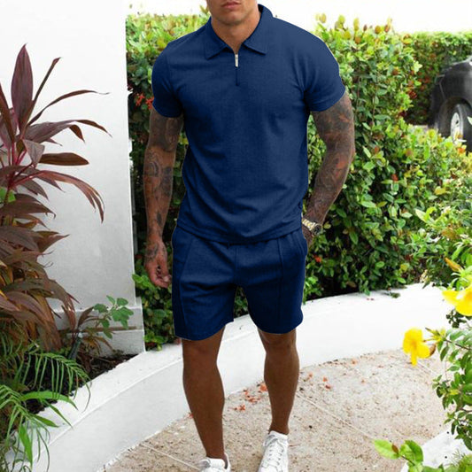 Casual Men's Short Sleeves T Shirts and Shorts Suits-Suits-Navy Blue-S-Free Shipping Leatheretro