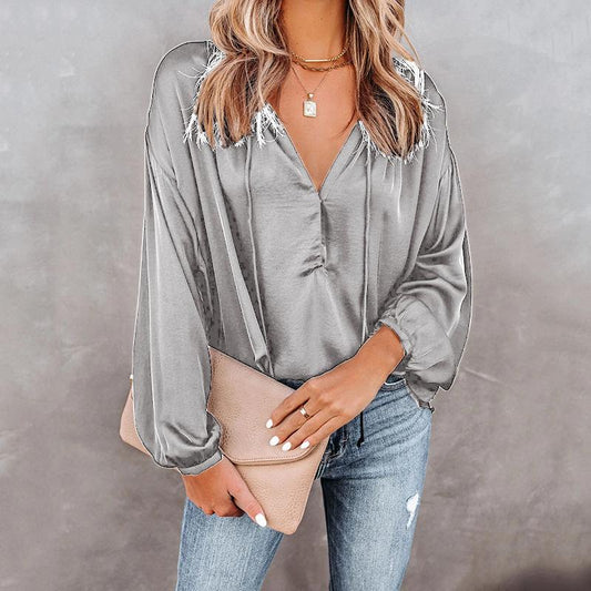 Simple Style V Neck Long Sleeves Leisure Shirts-Shirts&Blouses-Gray-S-Free Shipping Leatheretro