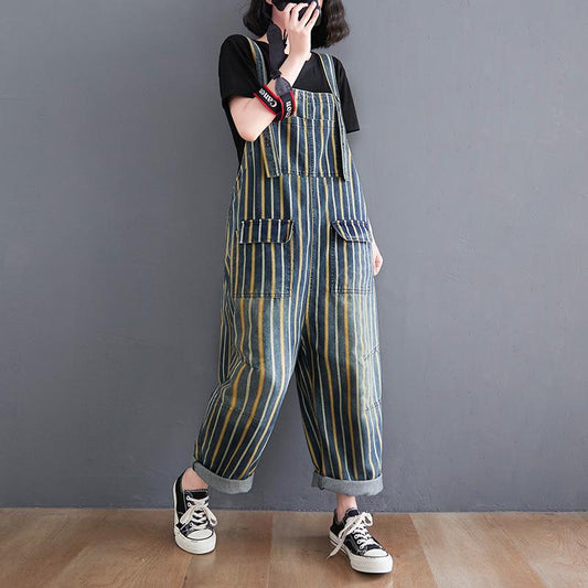 Plus Sizes Striped Pocket Demin Jumpsuits-The same as picture-L-Free Shipping Leatheretro