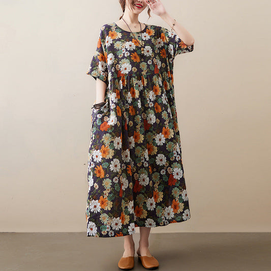 Vintage Flowers Design Summer Short Sleeves Long Cozy Dresses-Dresses-The same as picture-One Size-Free Shipping Leatheretro