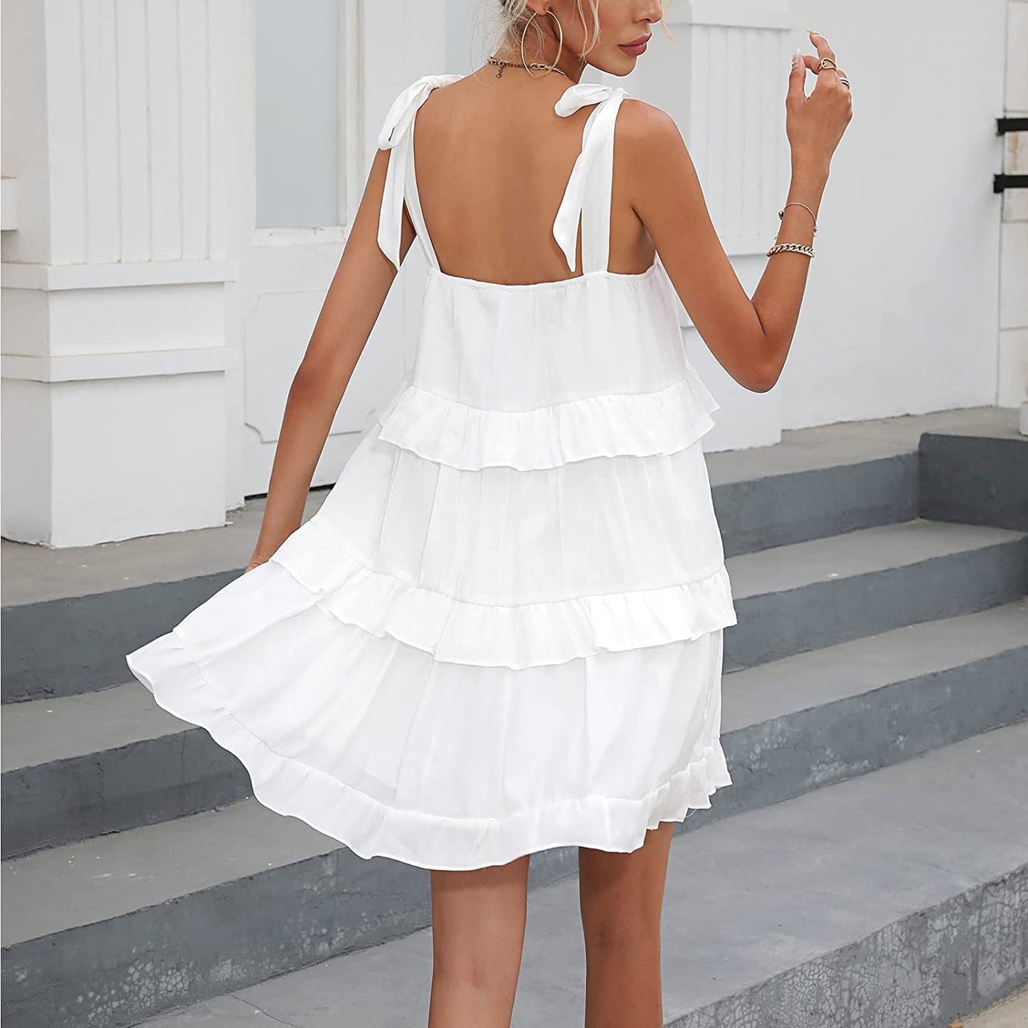 Casual Summer Ruffled Cake Style Mini Dresses-Dresses-White-S-Free Shipping Leatheretro