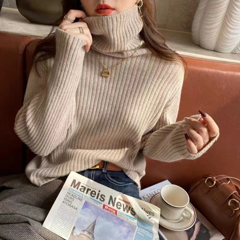 Casual High Neck Long Sleeves Knitted Sweaters-Shirts & Tops-Khaki-One Size-Free Shipping Leatheretro