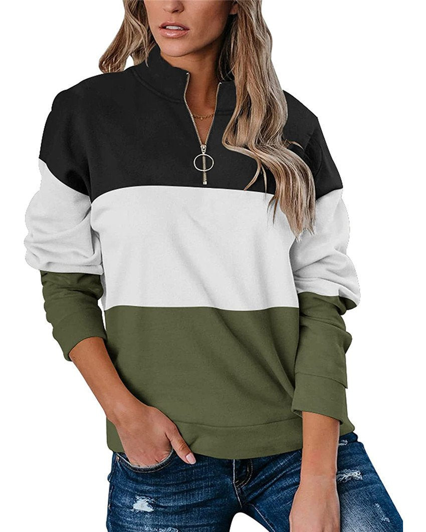 Women Casual Contrast 3 Colors Zipper Neck Fall Hoodies-Shirts & Tops-Black-S-Free Shipping Leatheretro