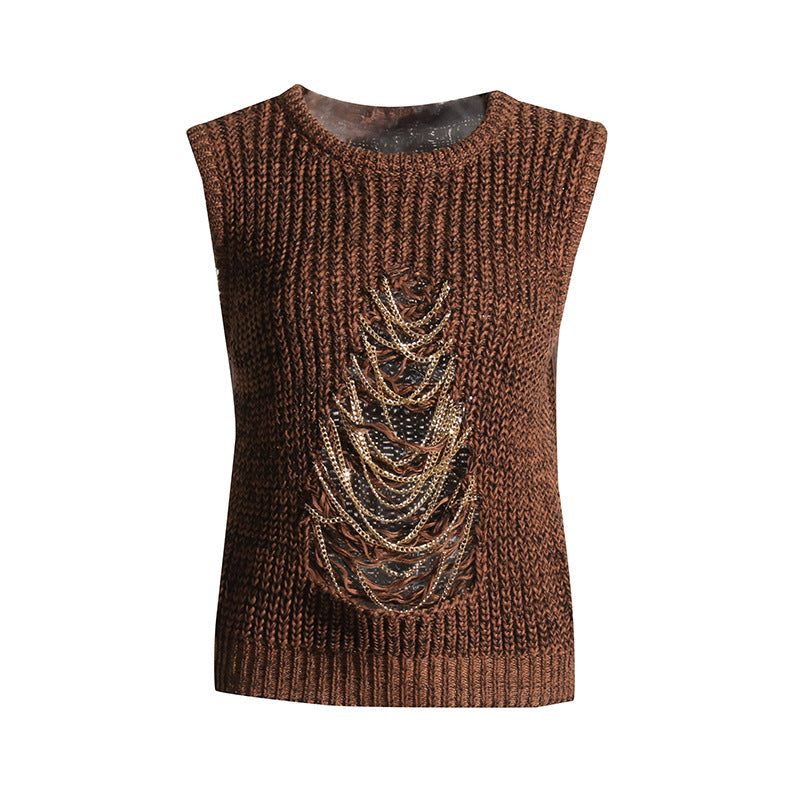 Vintage Brown Knitted Tank Top Vest for Women-Shirts & Tops-Brown-S-Free Shipping Leatheretro