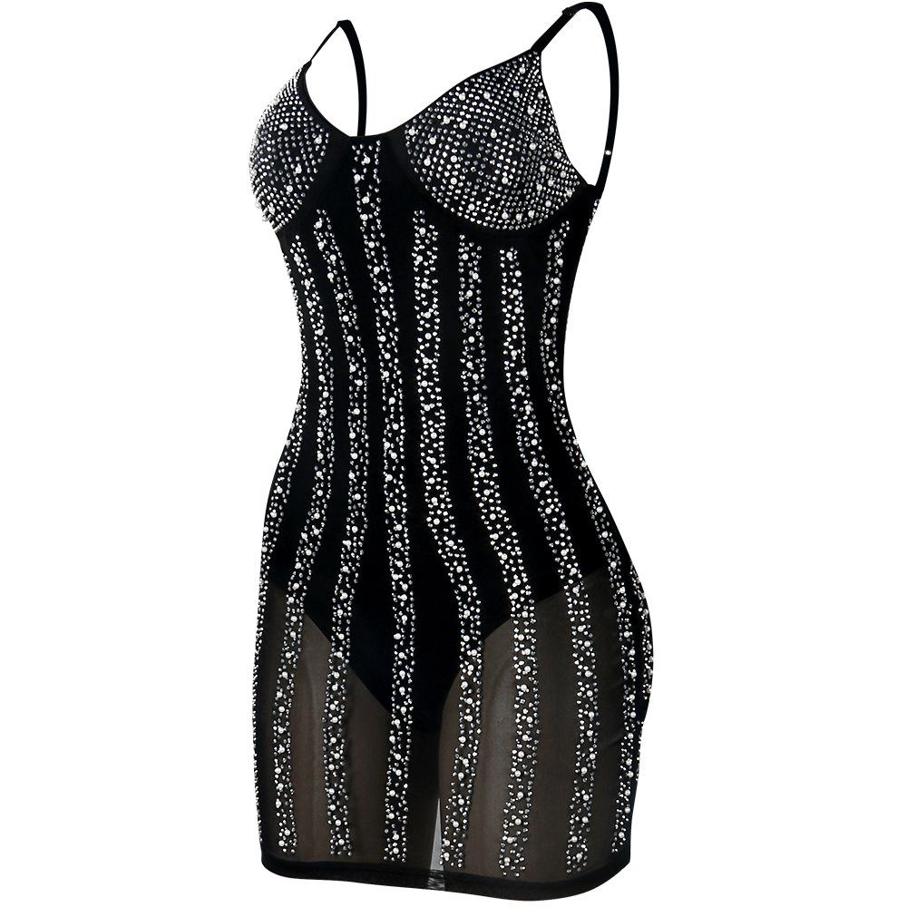 Sexy Women See Through Rhinestone Night Party Dresses-Dresses-Black-S-Free Shipping Leatheretro