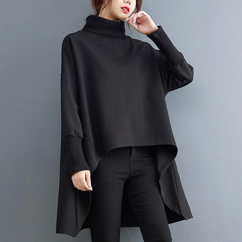 Black Irregular Turtleneck Long Sleeves Women Fall Shirts-Women Hoodies-Black-L-Free Shipping Leatheretro